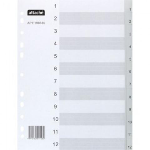Разделители пластиковые А4, 1-12, серый, Attache