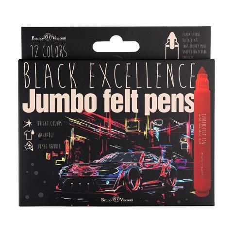 Фломастеры 12 цветов, Black Excellence JUMBO, антивандальные, Bruno Visconti 32-0071