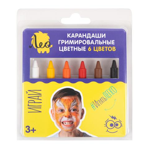 Карандаши гримировальные цветные 6 цв., 21 г, Звери, Лео Играй LPFPS-06