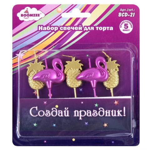Набор свечей для торта, 5 шт, 02_ананасы и фламинго, BOOMZEE BCD-21