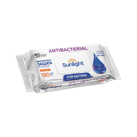 Салфетки влажные, SUNLIGHT Antibacterial Silver без отдушки, 120 шт, SG