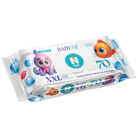Полотенца влажные XXL, NATURAL FRESH, детские Осьминог, 70шт, 25х25 см, SG