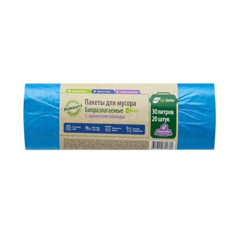 Мешки для мусора 30л, 20шт, 6мкм, 50x58см, синий, Ромашка Эколайф