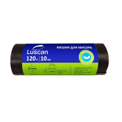 Мешки для мусора 120л, 10шт, 14мкм, 70x110см, черный, Luscan